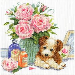 DW 3264 Cross stitch kit - Puppy with roses
