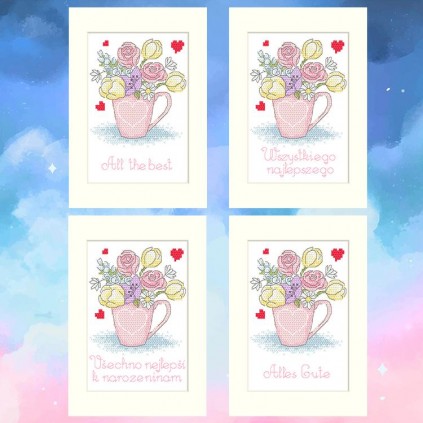 S 10805 Cross Stitch Padrão para smartphone - cartão de aniversário - flores em uma xícara