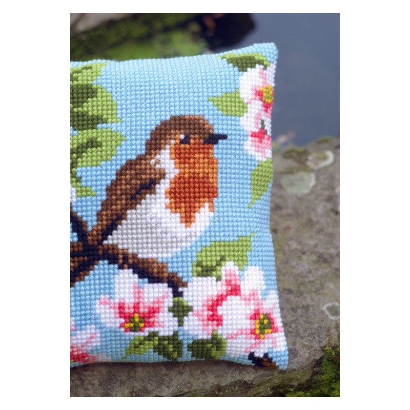 Cross stitch tapestry kit - Cushion - Robin and blossoms - Coricamo