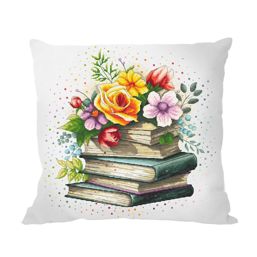Cross stitch pattern for smartphone - Cushion - Flower pile of books