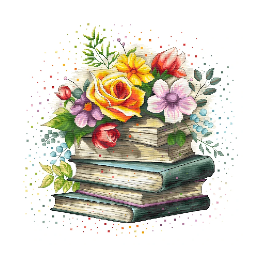 Cross stitch pattern for smartphone - Flower pile of books