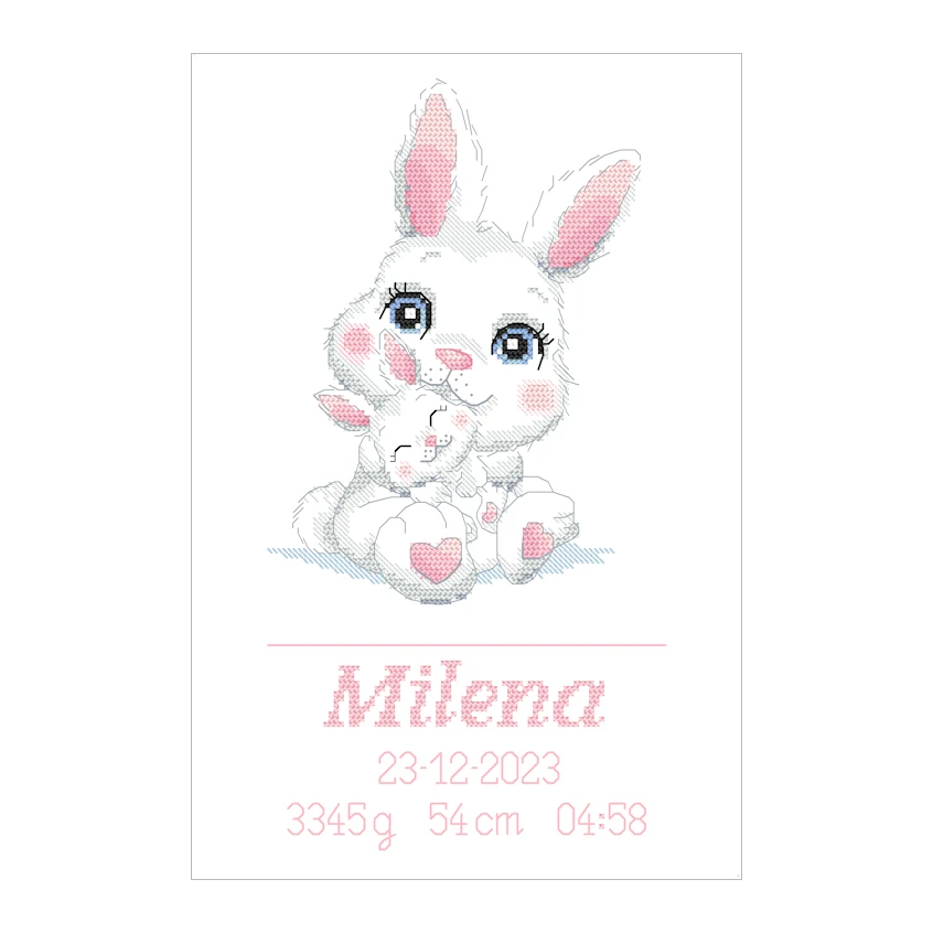 Cross stitch pattern for a phone - Birth certificate with bunnies - Girl
