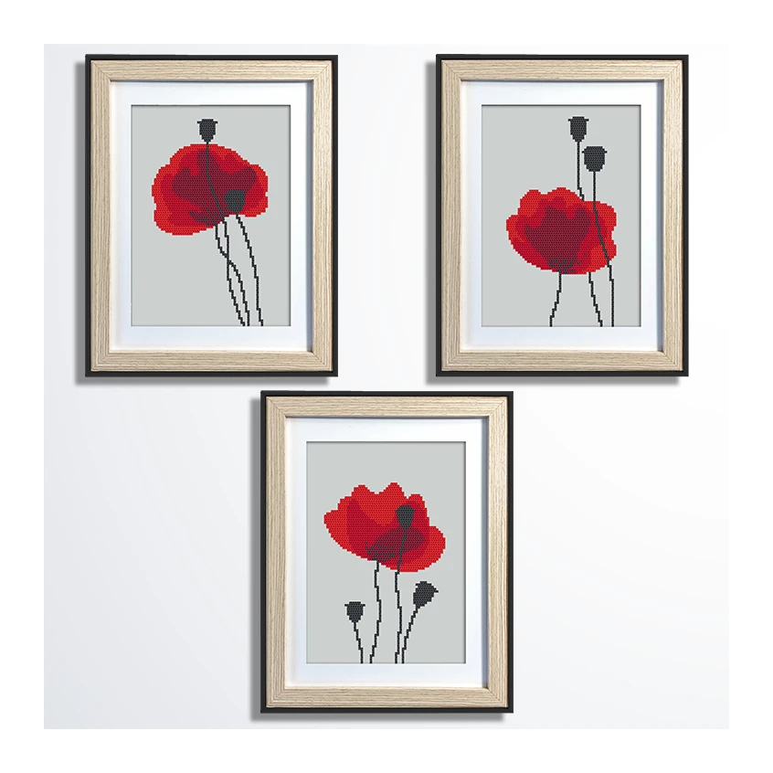 Cross stitch pattern for a phone - Carmine poppies - triptych