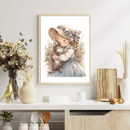 0236pl -plakat - jente med en katt - vintage