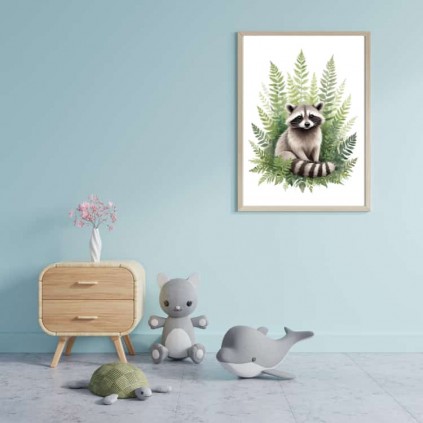 0284PL Pôster - Raccoon nas folhas
