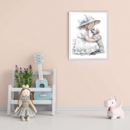 0238PL Poster - Girl with a white dog - Vintage