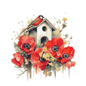 W 10559 Pattern a croce PDF - Bird House con papaveri