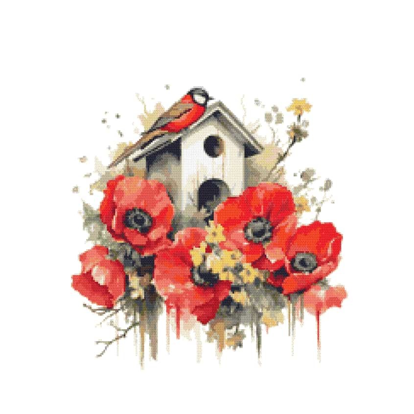 Pattern di punti incrociati per un telefono - Bird House con papaveri