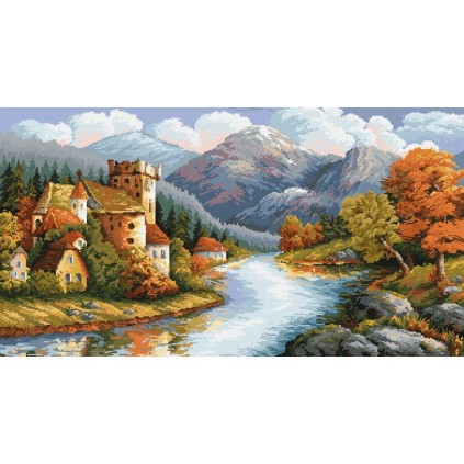 AN 789 Tapisserie Aida - Château au bord de la rivière