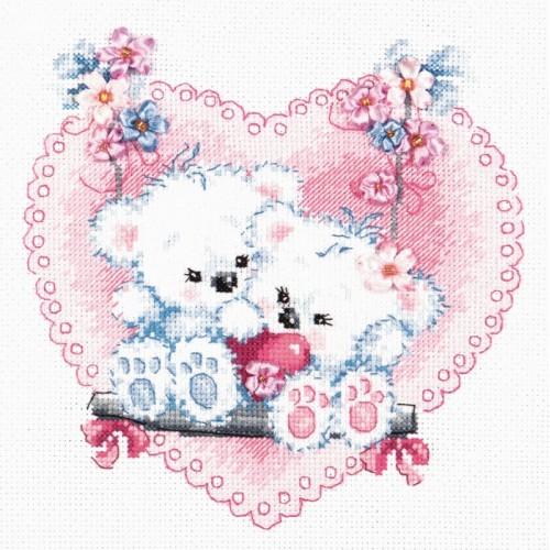 MN 80-06 Cross stitch kit with mouline, beads and ribbons - Happy love MN 80-06 Cross stitch kit with mouline, beads and ribbons - Happy love