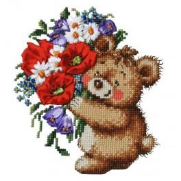 ZMS 4971 Cross stitch kit with mouline, beads and ribbons - Teddy bear with bouquet