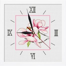 ZGRI 8675 Cross stitch kit with mouline and beads, clock and frame - Clock with magnolia