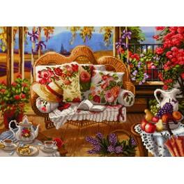 NHHD 1082 Cross stitch kit with mouline, beads and printed background - Cosy place