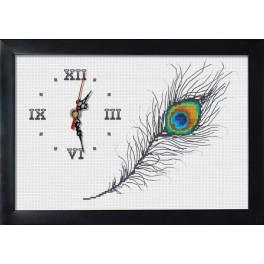 ZGRI 8702 Cross stitch kit with mouline and beads, clock and frame - Clock with peacock feather