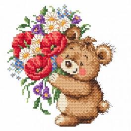 ZI 4971 Cross stitch kit with mouline and beads - Teddy bear with bouquet