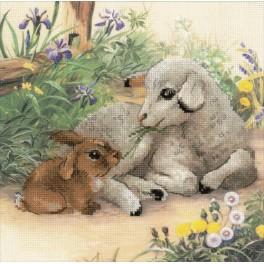 RIO 0051 PT Cross stitch kit with mouline and printed background - Sheep and bunny
