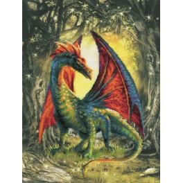 RIO 0057 PT Cross stitch kit with mouline and printed background - Dragon from the woods