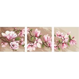 ZIT 10060 Cross stitch kit with mouline, beads and printed background - Triptych with magnolias