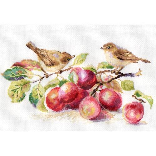 ALI 5-17 Cross stitch kit - Warbles & plums ALI 5-17 Cross stitch kit - Warbles & plums