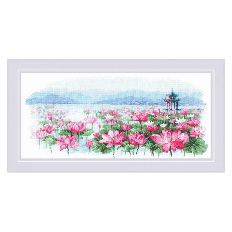 Cross stitch kit with mouline - Lotus field. Pagoda no the water