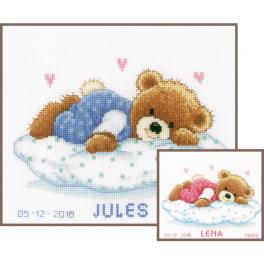 VPN-0002201 Cross stitch kit - Birth certificate - Snoozing teddy bear